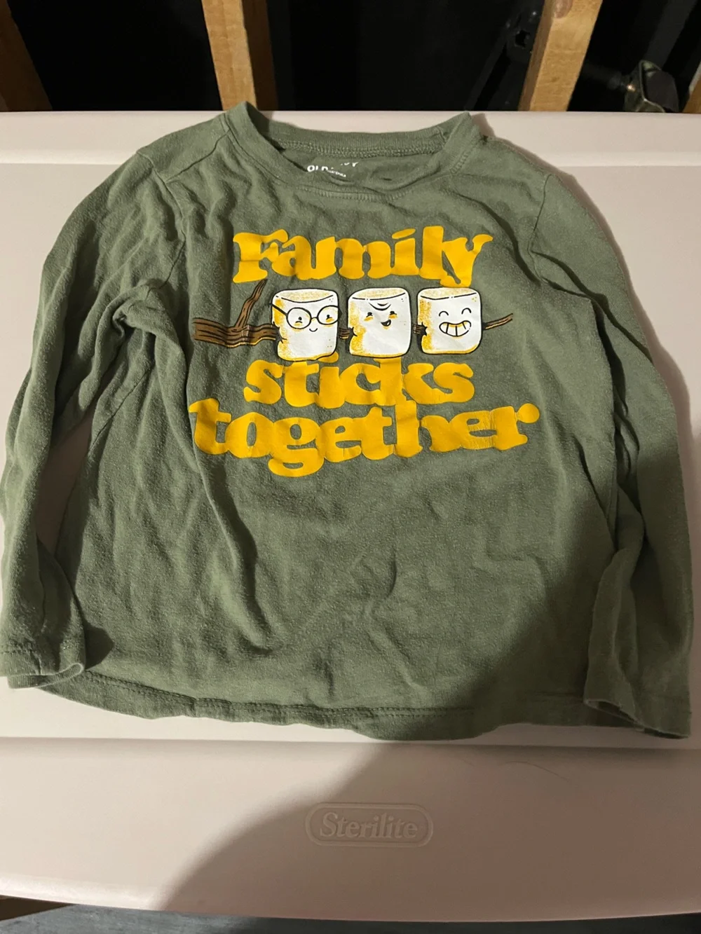 Old Navy Olive Green Long Sleeve Tee with Yellow Marshmallow Graphic